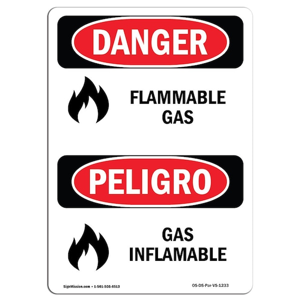 Safety Sign, OSHA Danger, 5" Height, Flammable Gas Bilingual Spanish, 10PK